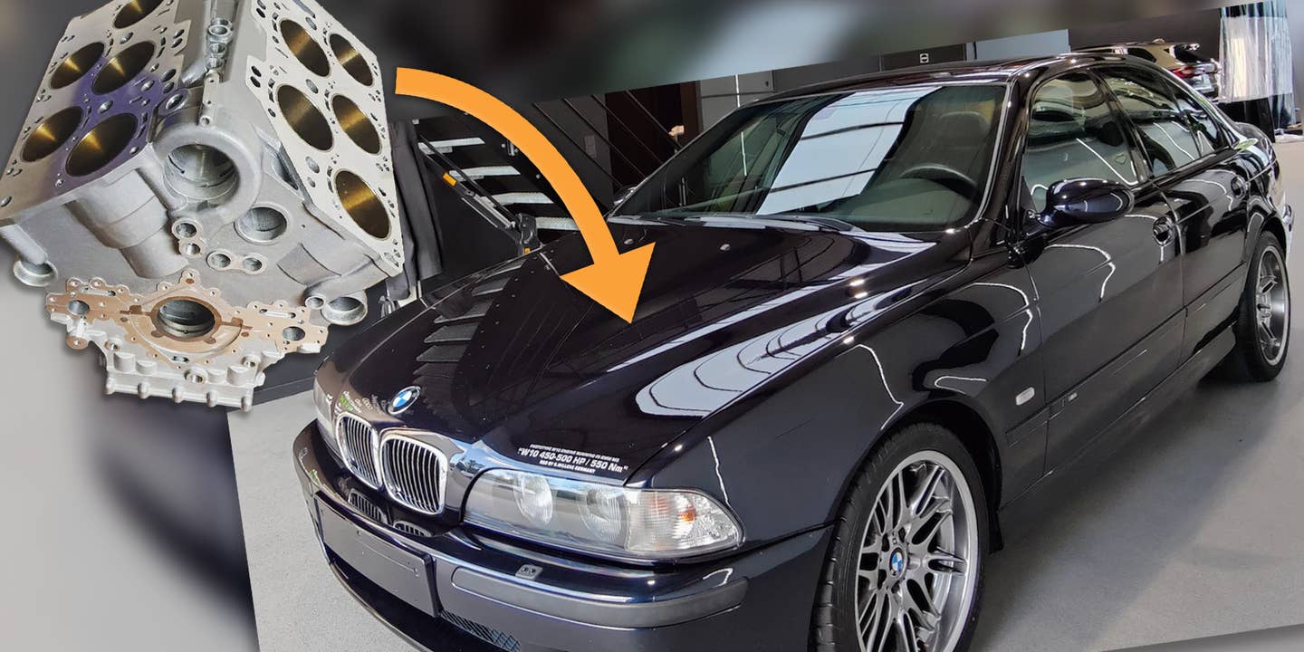 BMW M5 E39 with a VW W10 engine hovering over it